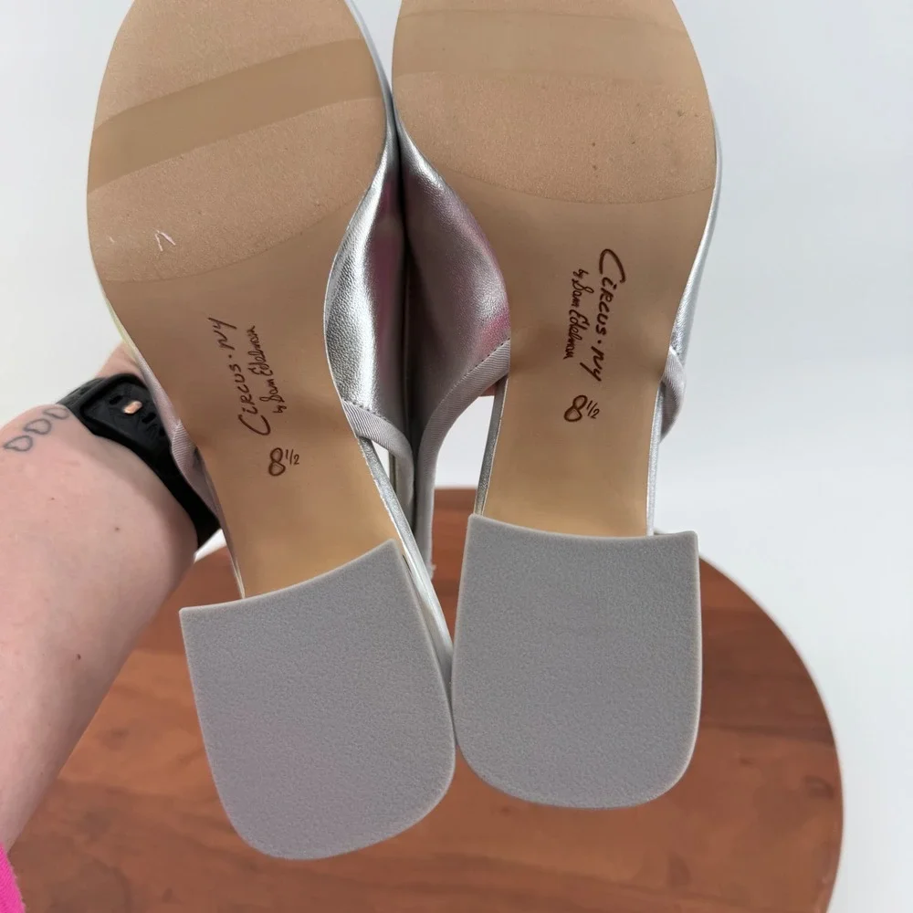 Circus NY Diane Soft Silver Slingback Block Heel Square Toe Bow Pumps Women 8.5M